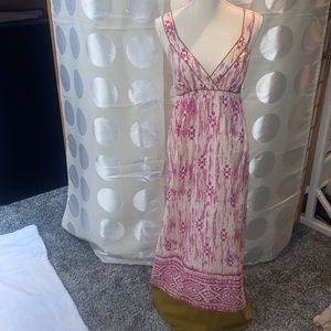 Loft Pink Cream Gold Print Silk V neck Criss Cross Back Maxi Dress